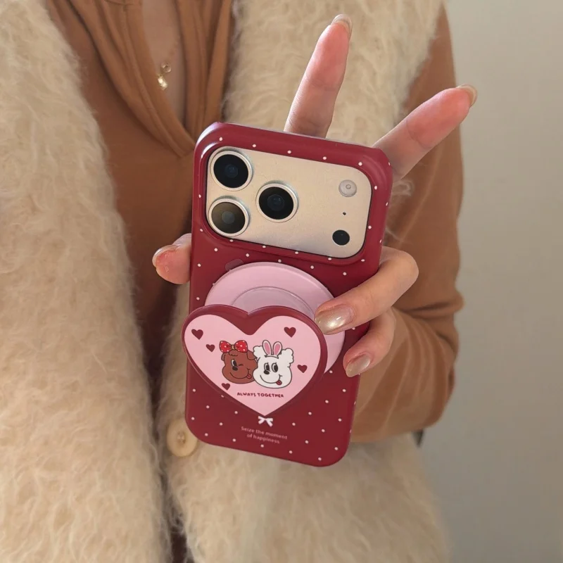 

Fashion Red Polka Dot Magnetic Phone Case For iPhone 17 Pro Max 14 15 16 Pro Max Cover with Rabbit Stand For Magsafe Cases 16 Pr