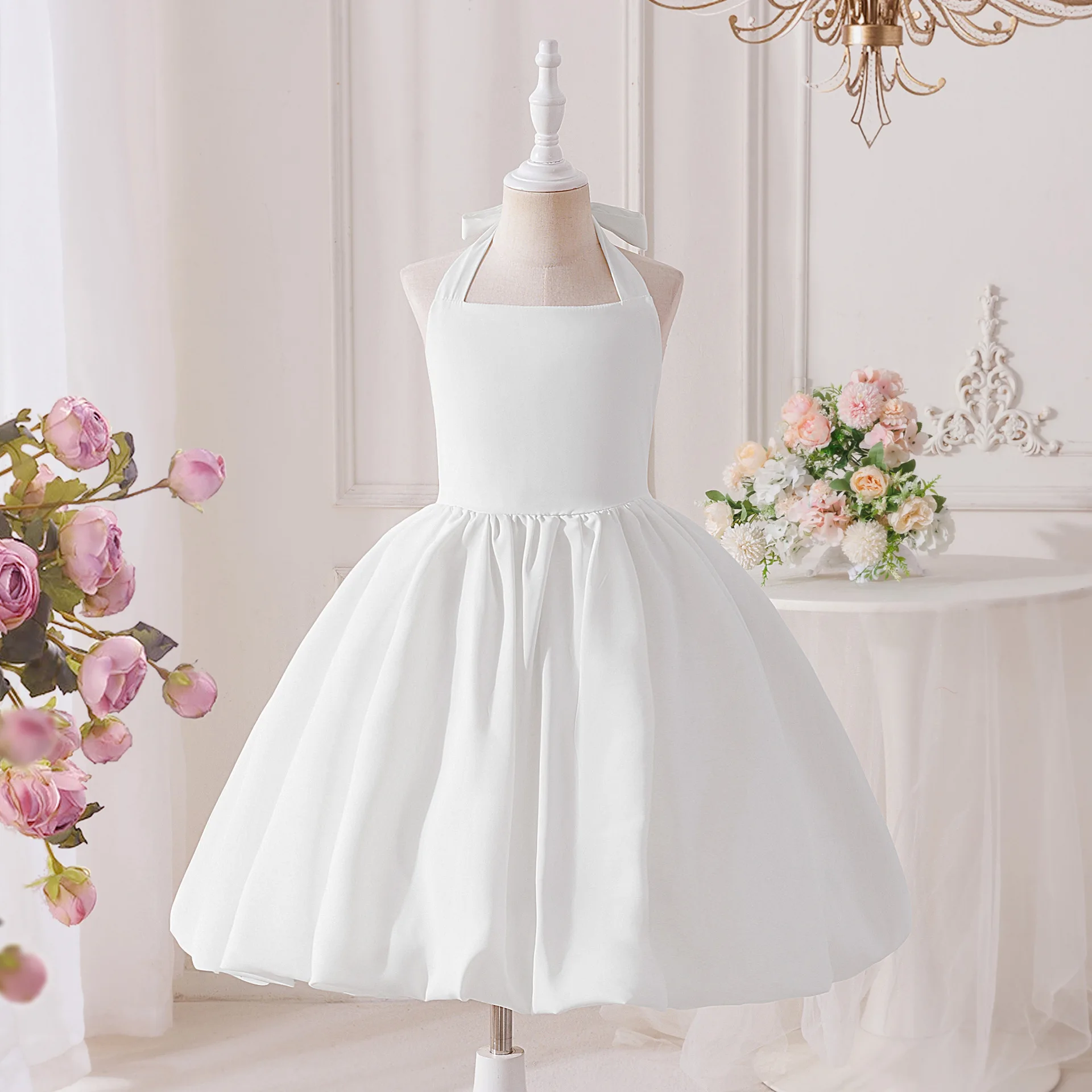 Girls White Princess Dress Elegant Halter Backless Party Ball Gown Lace Up Corset Wedding Party Flower Girl Dresses Kids Clothes