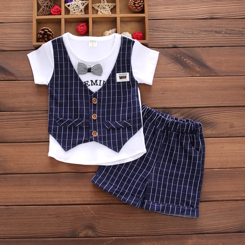 2PCS Baby Set Summer Children\'s Outgoing Plaid Gentleman Style Fake Two Piece Vest Short Sleeve Shorts Set