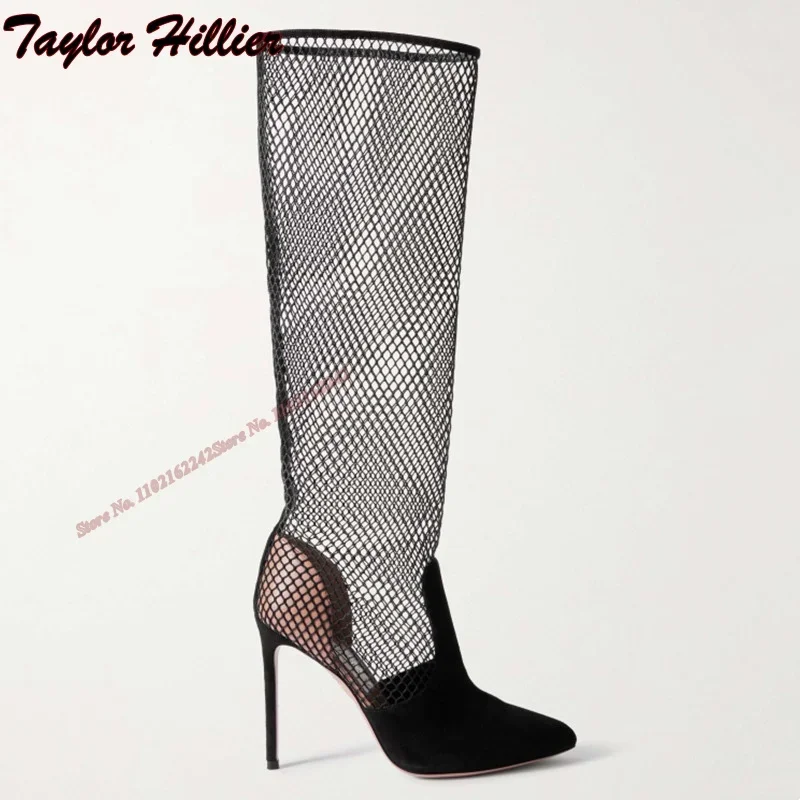 New Breathable Mesh High-Heeled Sandals Pointed Toe Stiletto Breathable Knee-High Boots Fashionable Sexy Long Boots For Women