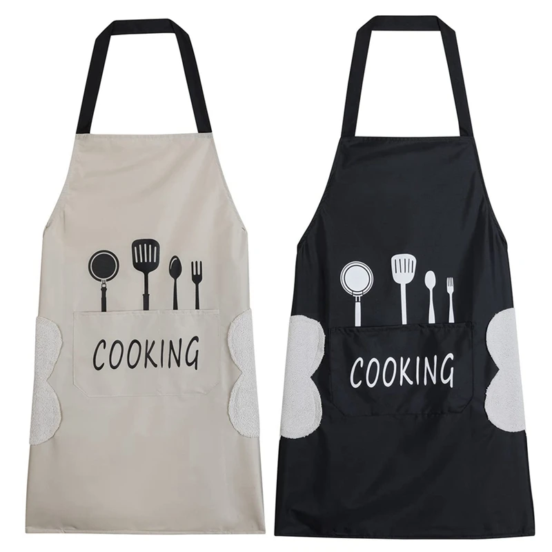 2 Pack Kitchen Apron With Hand Wipe, Water-Drop Resistant With 2 Pockets Cooking Bib Apron For Women Men Chef 70 X 63Cm