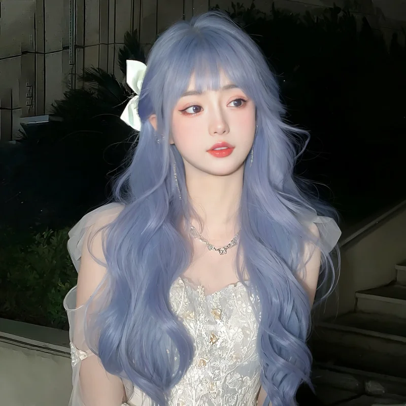 

Haze blue long curly hair wig for women, trendy big waves, high-temperature synthetic fiber, full head cover
