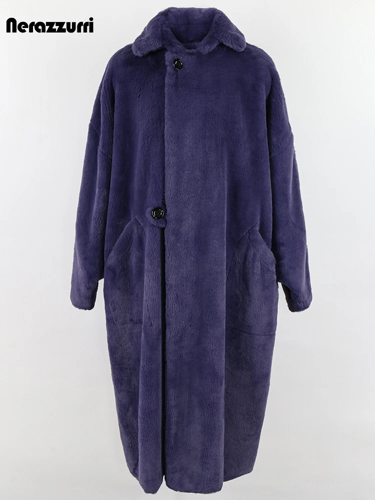 Nerazzurri Winter Long Oversized Thick Warm Purple Fluffy Faux Fur Coat Women Chic Luxury Designer Runway Chinese Fashion 2022