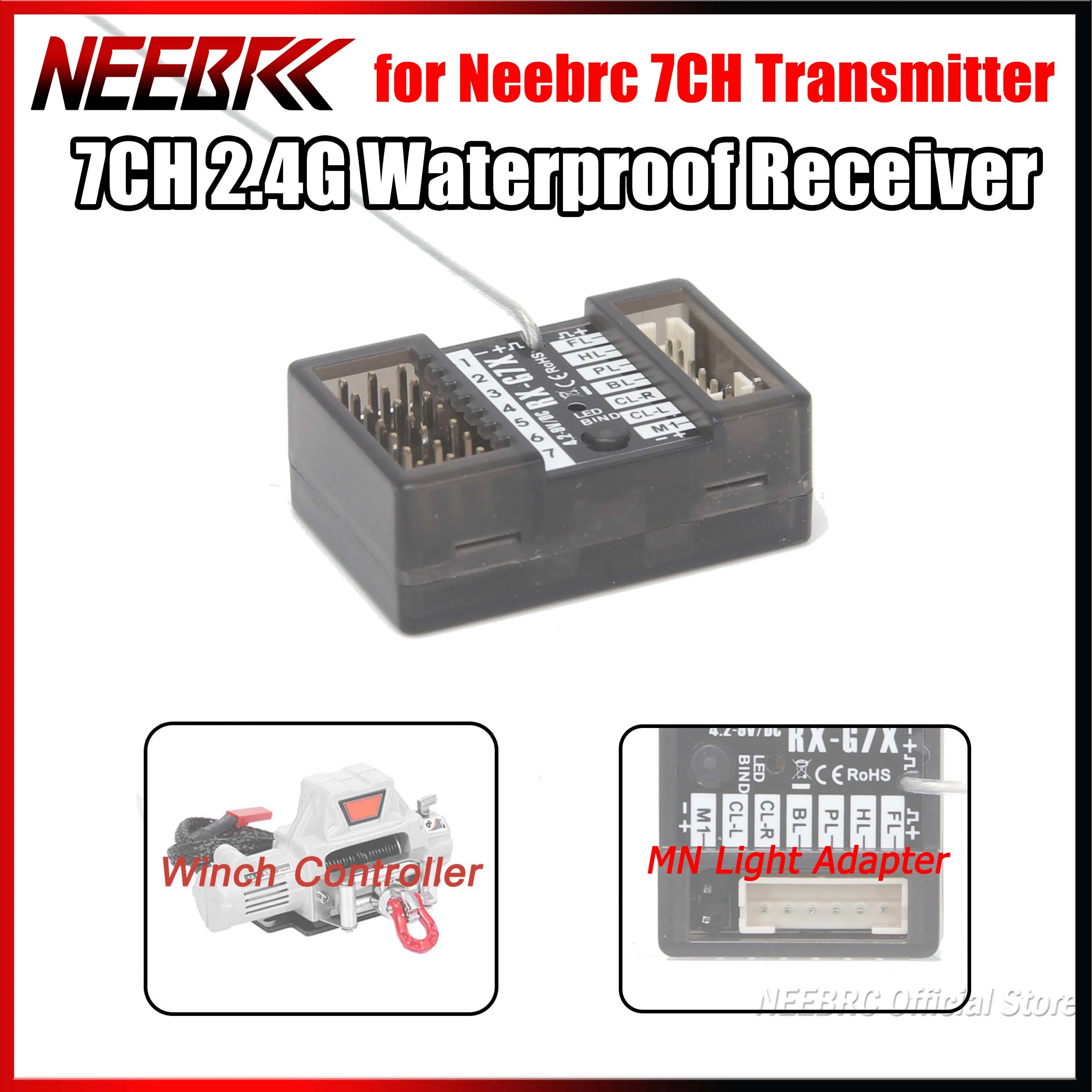 NEEBRC-Contrôleur de treuil récepteur pour voiture RC, système radio étanche, émetteur de modèle de bateau, 7 canaux, 2.4G, MN128, MN78, MN99S, MN98, MN86