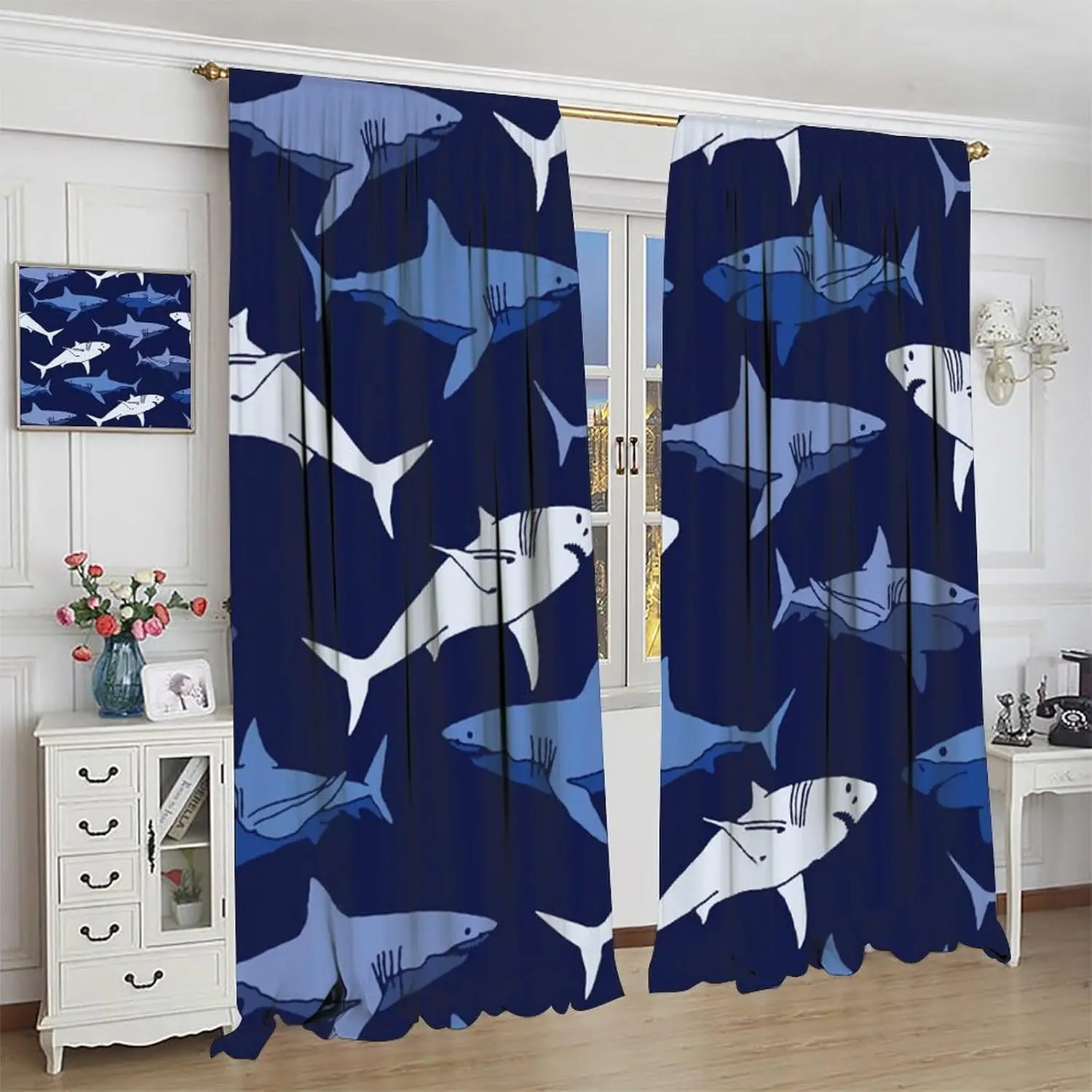 

Kids Sea Window Curtains, Shark Fish Ocean Animal Navy Blue Room Darkening Rod Pocket Windows Treatments for Boys Girls Toddler