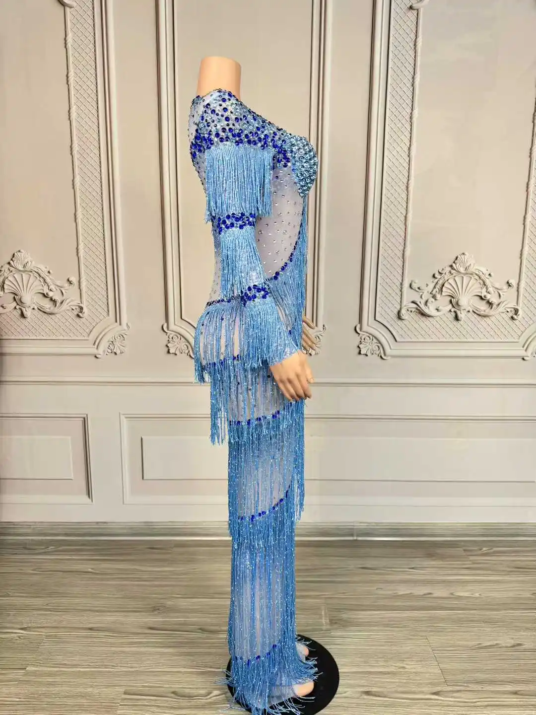 キラキララインストーンフリンジマキシロングドレス女性のセクシーな透明エレガントなイブニングパーティー誕生日ドレス写真撮影ステージ着用