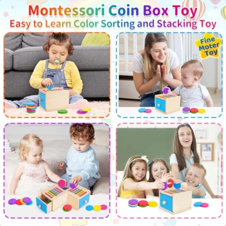 FCSONU 幼児用モンテッソーリコインボックスおもちゃ 1歳 2歳 3歳 男の子 女の子用 引き出しボックスおもちゃ 2歳4歳向け 色分け学習感覚玩具