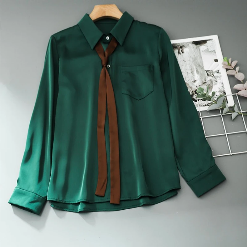 Spring Autumn Elegant Satin Women's Blouse 2025 New One Pocket French Style Single Breasted Casual Loose Office Shirts Female