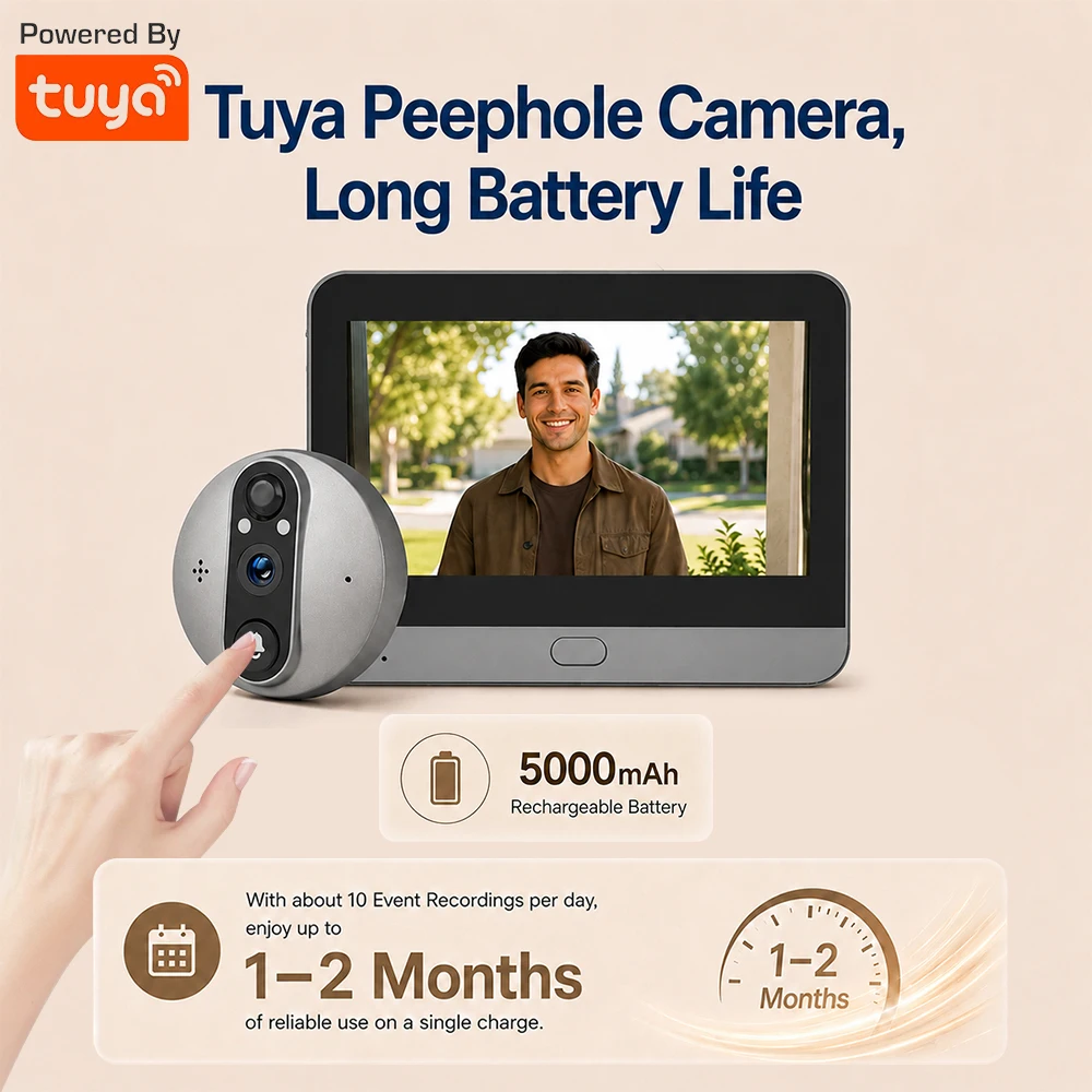 3MP WiFi Tuya SmartLife Door Bell Eye Peephole Camera Battery PIR Motion Detect IR Digital Viewer Wired Connection with Monitor