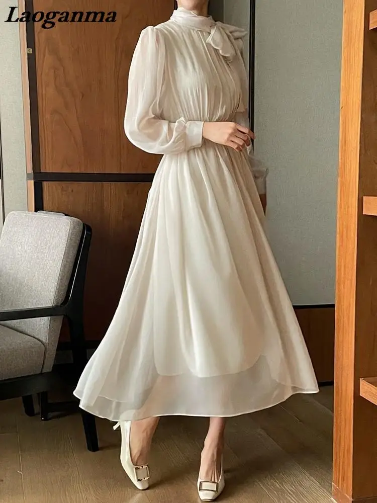 

Корейское шикарное однотонное платье на шнуровке, осенняя элегантная женская одежда с длинным рукавом, офисное женское повседневное простое платье с полувысоким воротником