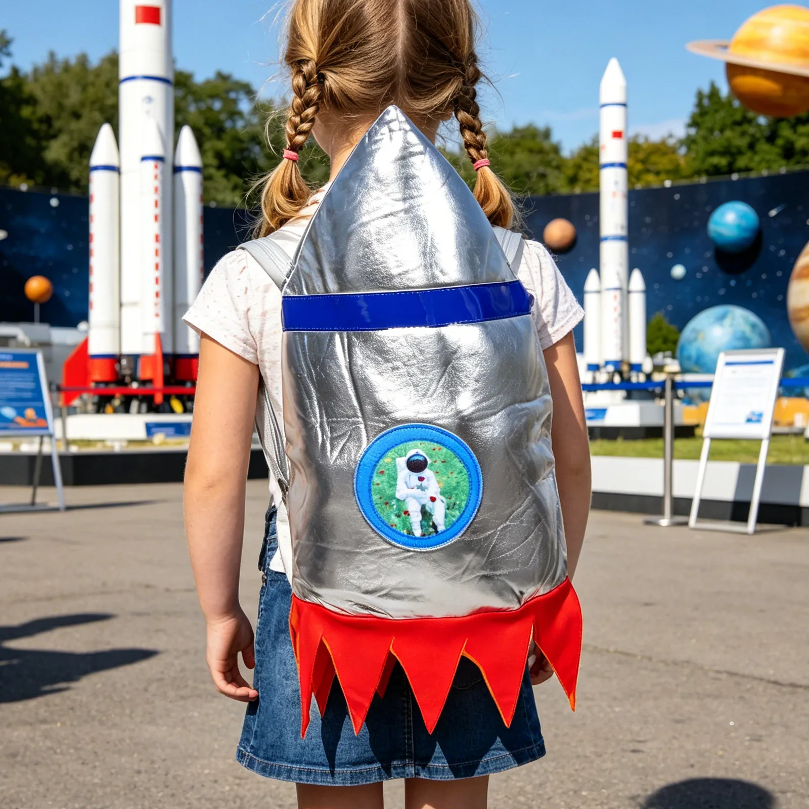 Silver Metallic Flames Design Rocket Backpack Kids Astronaut Role Play Costume Zippered Birthday Party Space School Play Prop