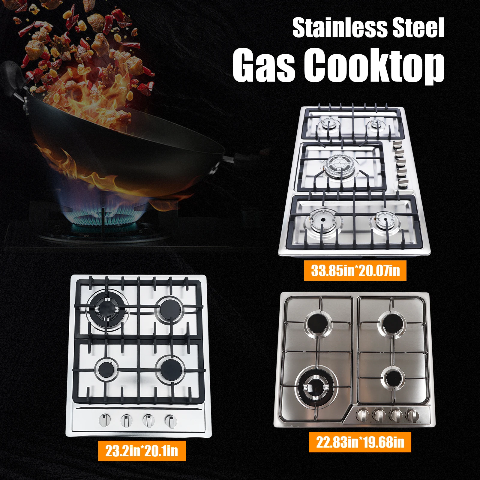 5 Flames Gas hob Installation for Natural Propane Stand Stove Stainless Steel NG LPG