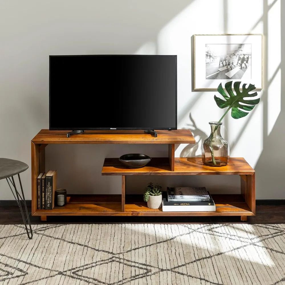 2 Tier Asymmetrical Solid Wood TV Stand for TVs up to 50 Inches, 60 Inch, Amber