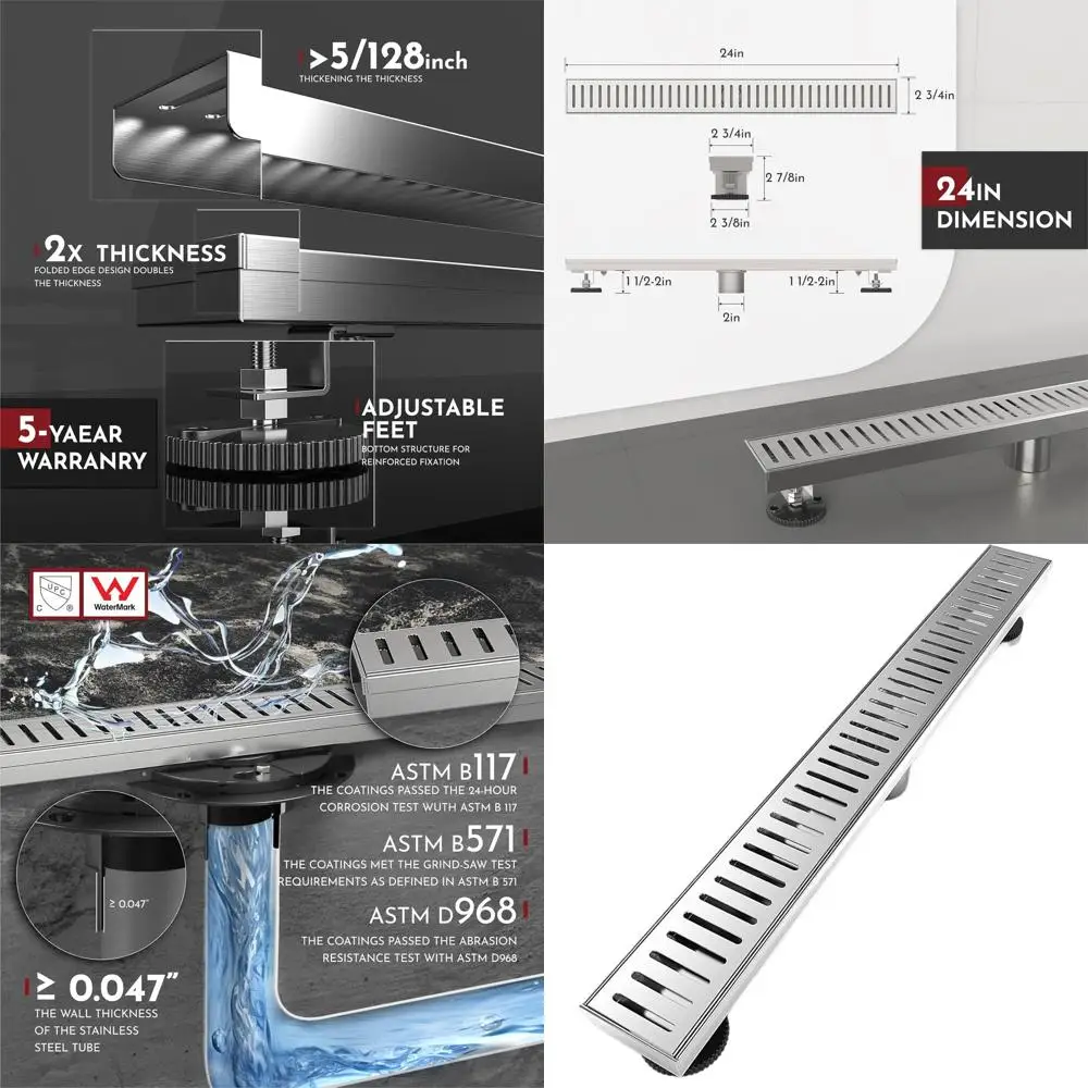 Ralo Linear para Chuveiro de 24 Polegadas com Tampa e Grelha Removíveis em Aço Inoxidável, Acabamento Escovado, Certificado CUPC