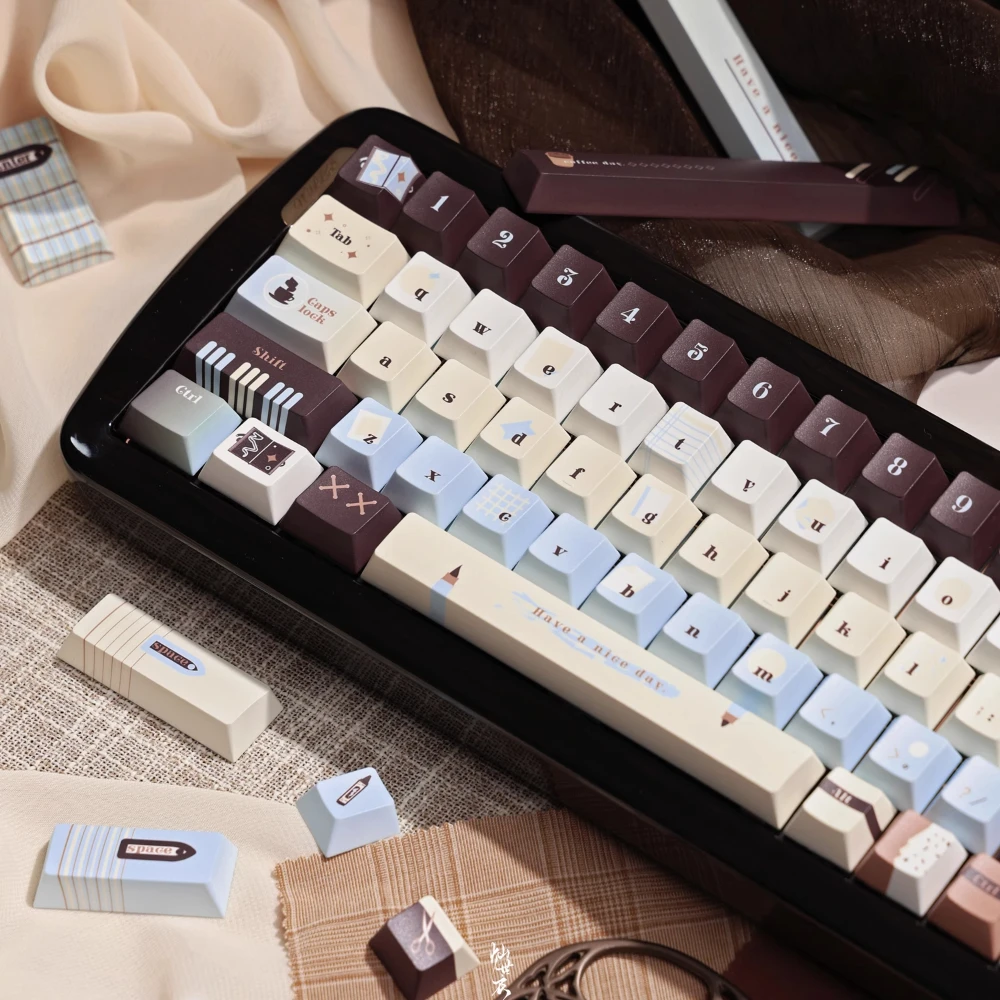 To-Do List Theme Keycap Set Cherry FOA Profile PBT Thermal Sublimation Blue Coffee Color Keycaps for Mechanical Keyboard 145Keys