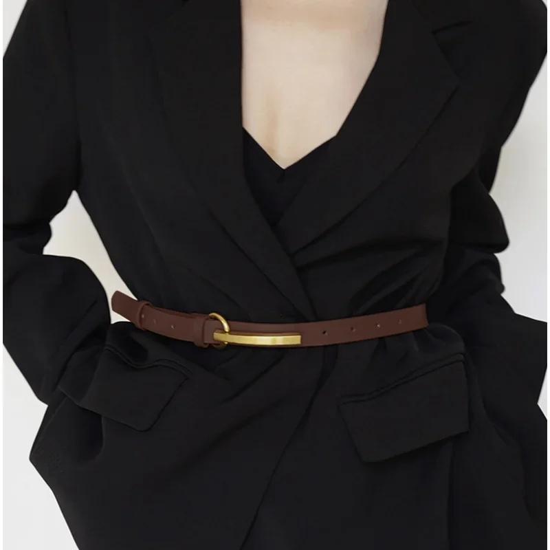 Women Fashion Genuine Leather Retro Gold Long Plate Buckle Belt Designer Cowhide Waistband with High-grade Gold Color Button