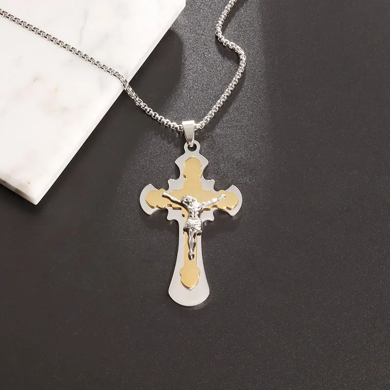 Classic Double Layer Stainless Steel Jesus Passion Cross Pendant Necklace for Men and Women Personality Charm Jewelry