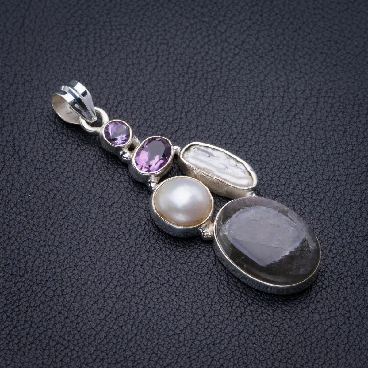 Blue Fire Labradorite,Biwa Pearl And Amethyst Handmade 925 Sterling Silver Pendant 2.25