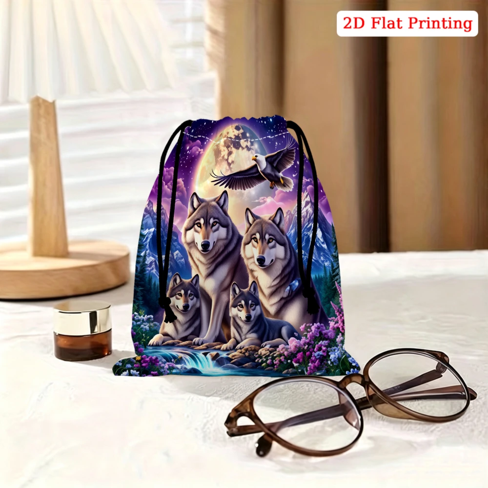 1pc Fashion Drawstring Bag Purple Wolf Moon Eagle Print Storage Small Pouch Travel Gym Sport Organizer For Women Men Lightweight