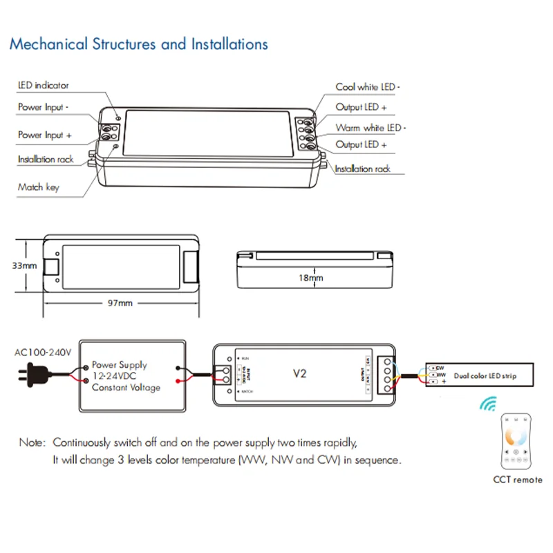 V2 LED Controller 2 Channel Dual Color 2.4G RF DC12-24V Step-less Dimming Wireless Remote Control Light CCT LED Strip Controller