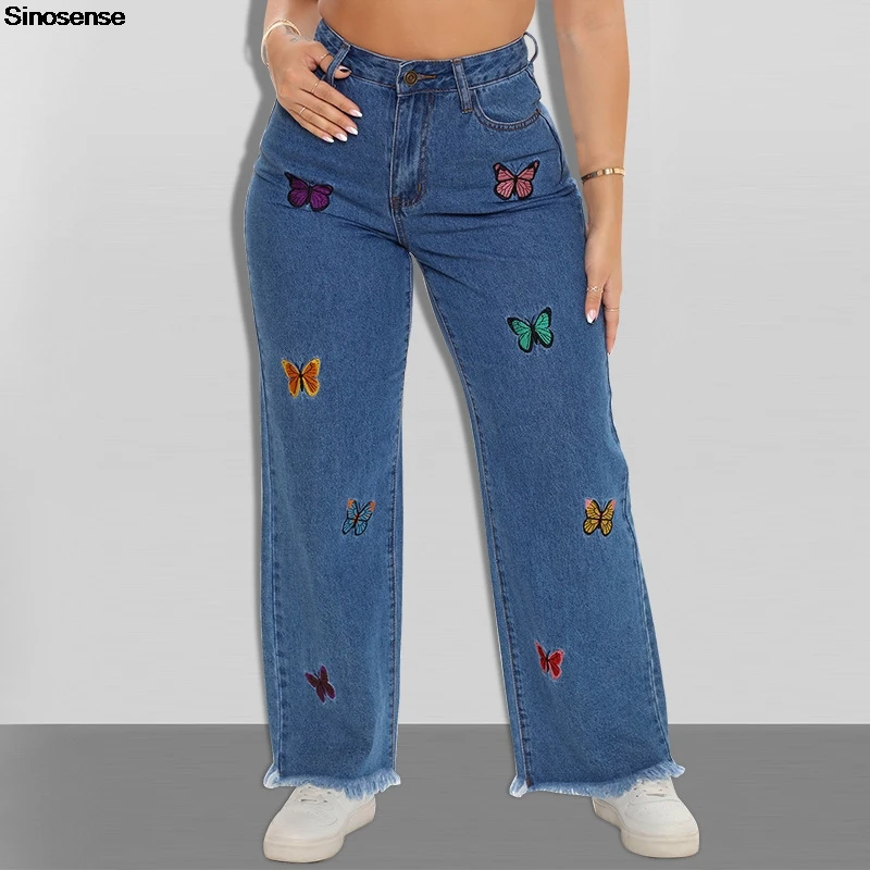 

Женские прямые джинсы с вышивкой бабочки, необработанный подол, свободные джинсовые брюки с высокой талией, сексуальные повседневные джинсы для свиданий, офиса, ночного клуба