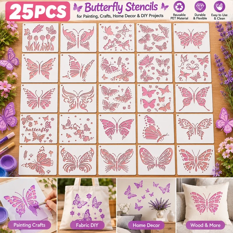 25PCS Butterfly Stencils Reusable Painting Templates Floral Butterfly Patterns for Wall Wood Fabric Card Making DIY Crafts Home