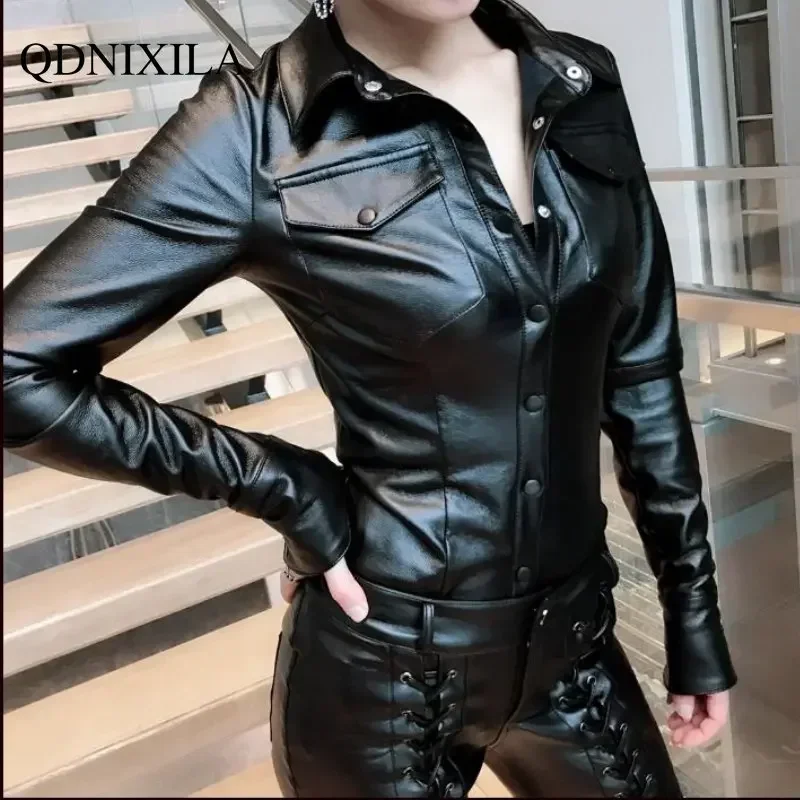 Women's PU Leather Long Sleeve Shirt, Versatile Top, Slim Top, European,Leather Women Shirts and Blouses