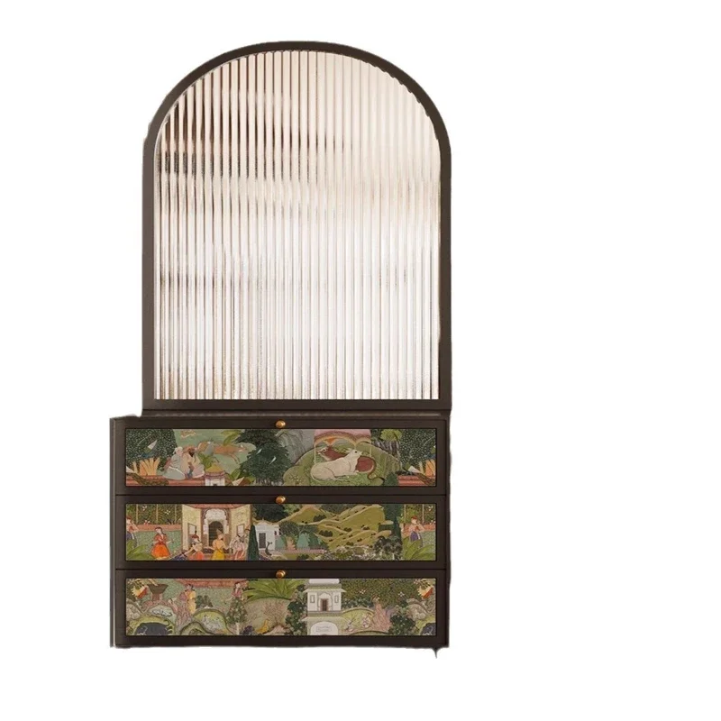 

Customized French porch cabinet, living room solid wood home entry glass lacquer painting light luxury retro bucket cabinet