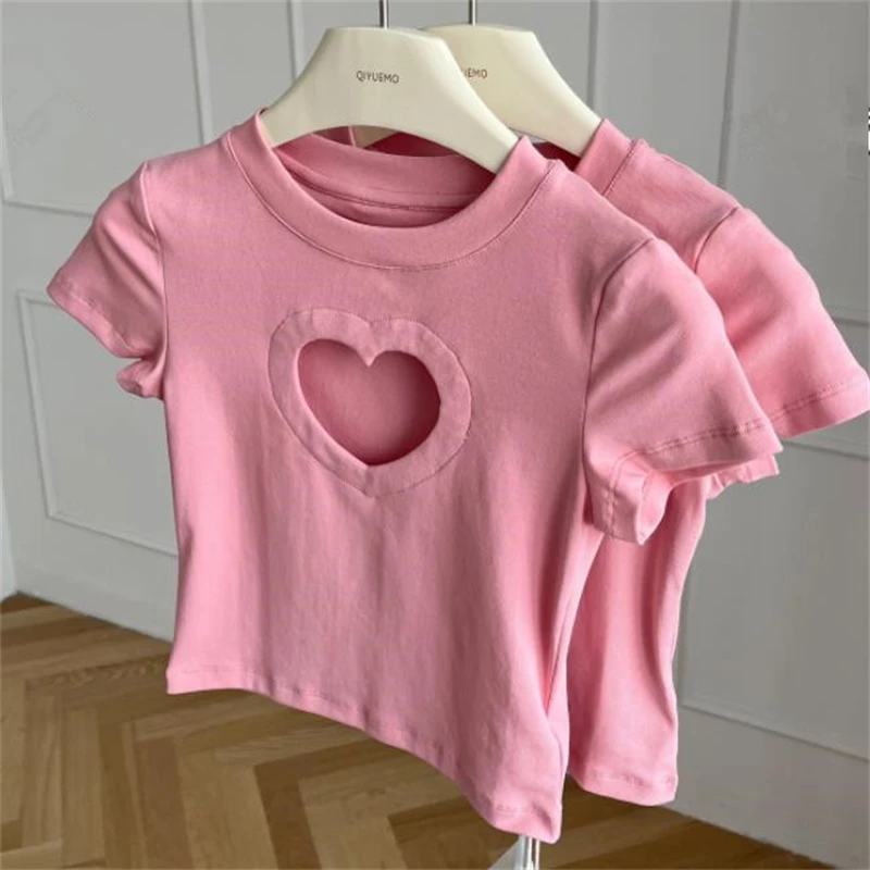 

Love pink black white yellow short short-sleeved T-shirt women's summer design niche round neck slim hollow girl top