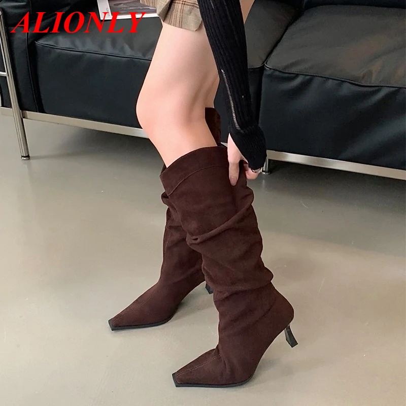 

Alionly 2026 New Pointed Toe Women Knee High Boots Sexy Thin High Heels Shoes Autumn Winter Nightclub Prom Pumps