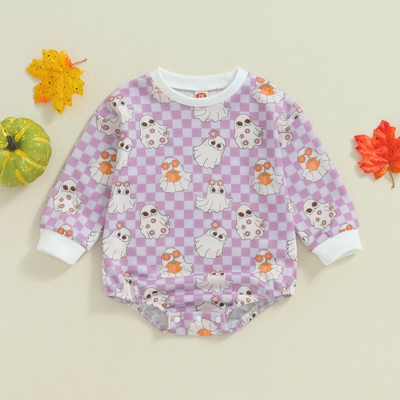 Baby Halloween Sweatshirt Romper 2024 Plaid Ghost Print Round Neck Long Sleeve Fall Loose Bubble Jumpsuit