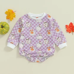 Baby Halloween Sweatshirt Romper 2024 Plaid Ghost Print Round Neck Long Sleeve Fall Loose Bubble Jumpsuit