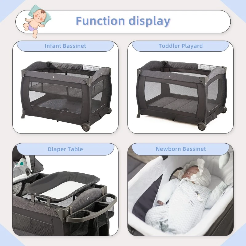 Playard Deluxe Nursery Center, Foldable Playpen for Baby & Toddler, Bassinet, Mattress, Changing Table for Newborn (Grey)