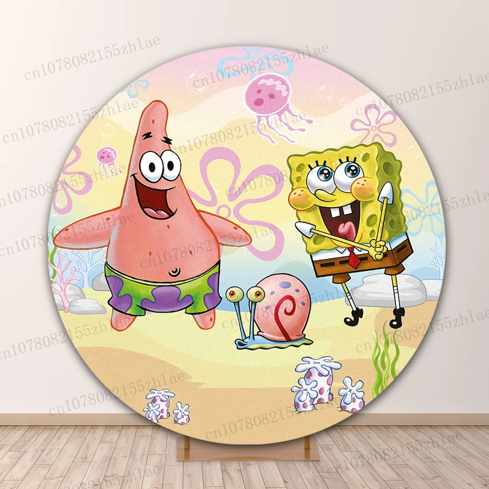 SpongeBob Birthday Party Photo Backdrop Baby Shower Photography Backdrop Round&Cylinders Plinth Covers Photo Background