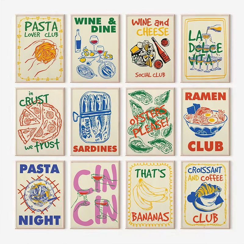 Póster Retro de Comida Italiana, Pizza, Ramen Japonés, Vino y Queso, Impresión en Lienzo, Decoración de Pared para Cocina, Hogar