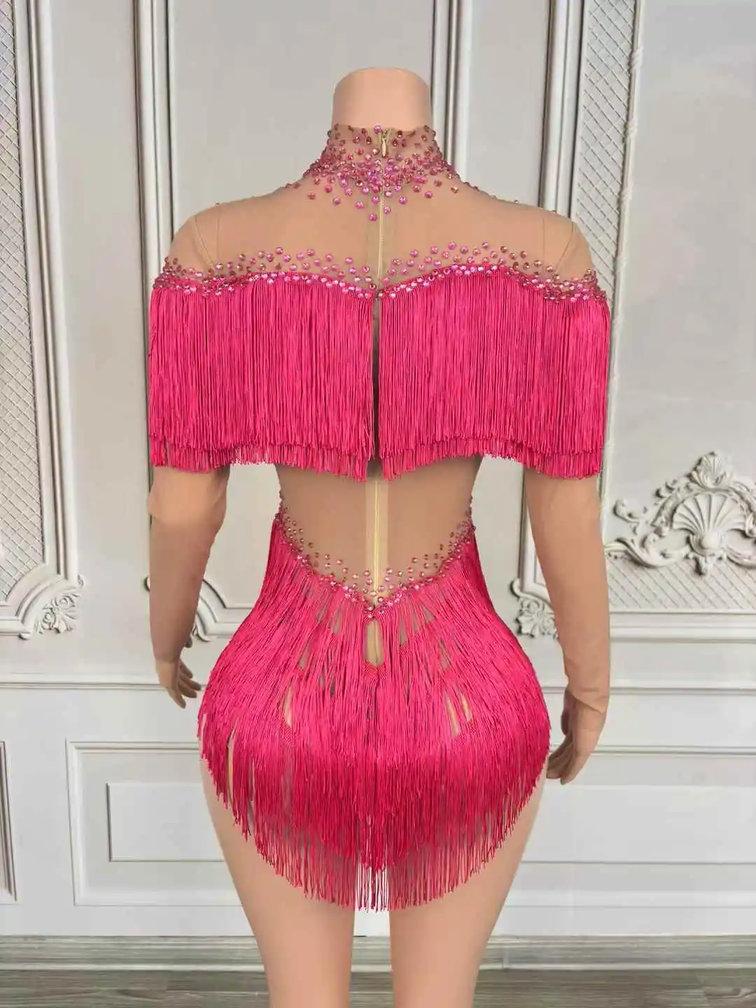 Błyszczący Kombinezon z Dżetami i Frędzlami Damski Seksowny Siateczkowy Kostium na Występy Taneczne Urodziny Imprezę Dancer Klub Nocny Scena