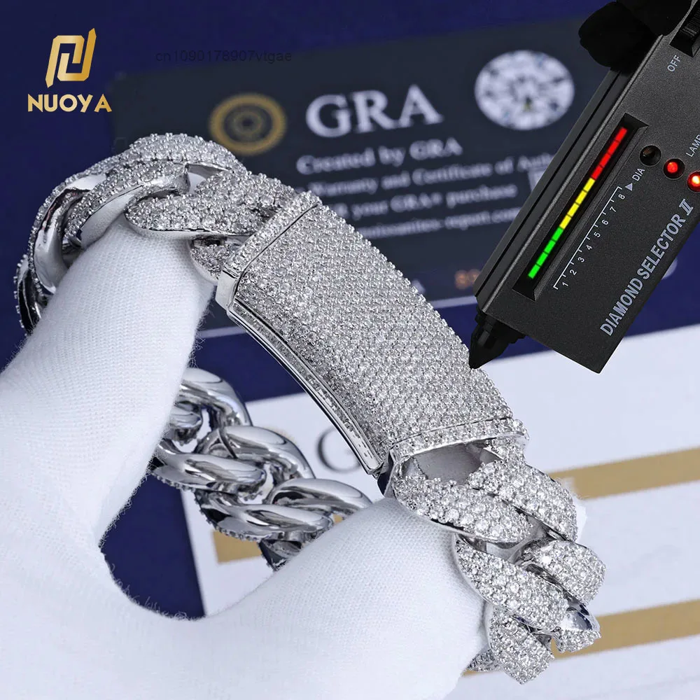 Luxury NUOYA 925 Silver Iced Out Cuban Link Hip Hop Necklace Three Row Diamond VVS Moissanite Cuban Chain Jewelry for Women.