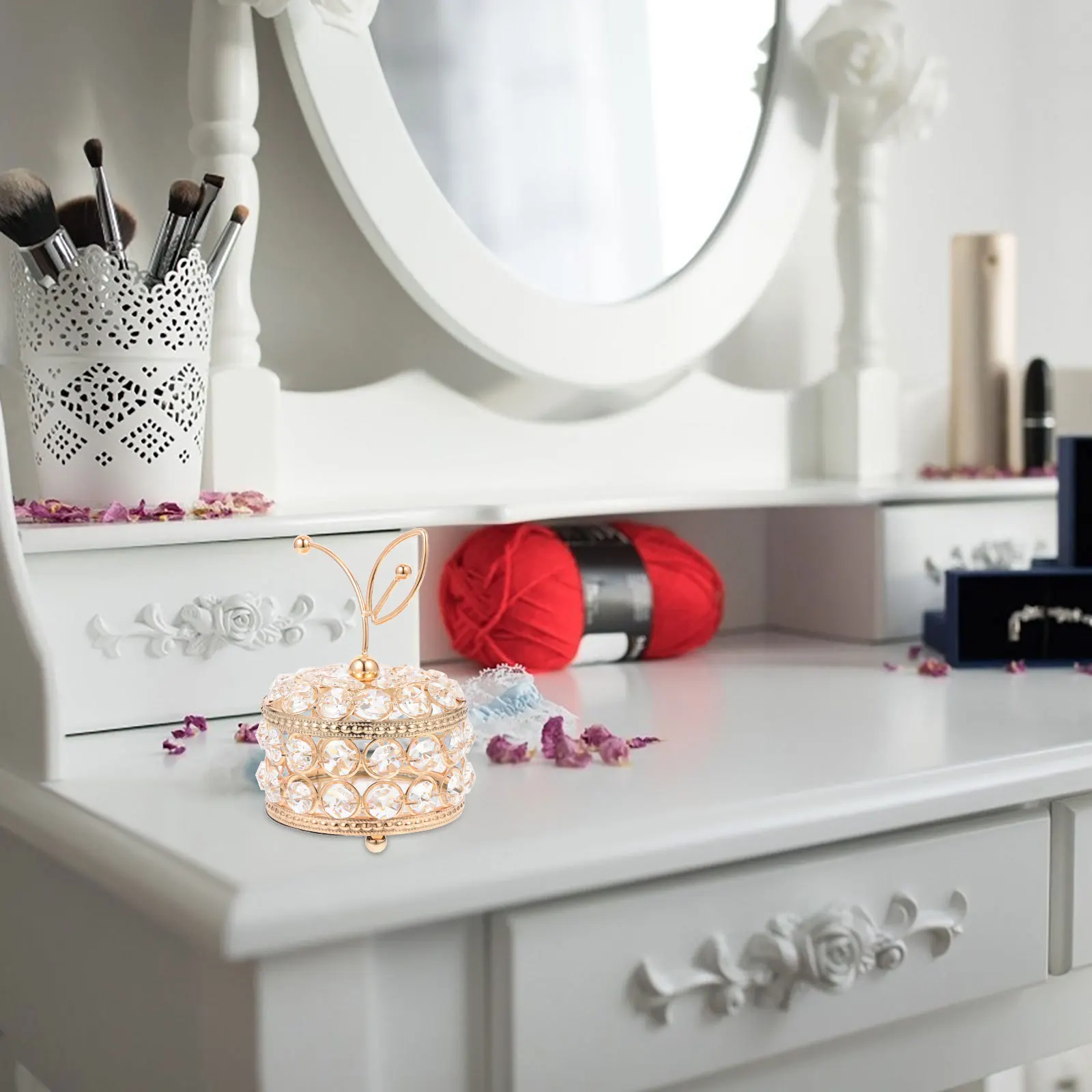 

Crystal Jewelry Box Hollow Design Premium Iron and Crystal Material Elegant Desktop Storage for Rings Necklaces Earrings