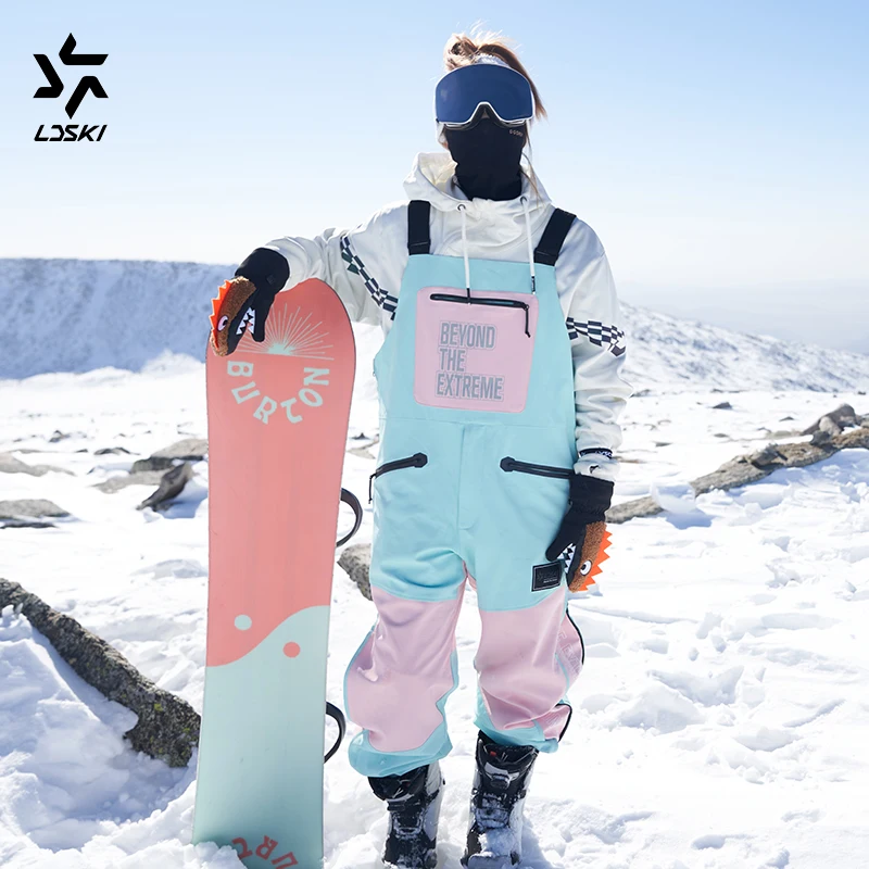 LDSKI Ski Bib Overalls Women Men Waterproof Elasitc Shoulder Straps Thermal Warmth Reflective Ripstop Trouser Snowboarding Pants