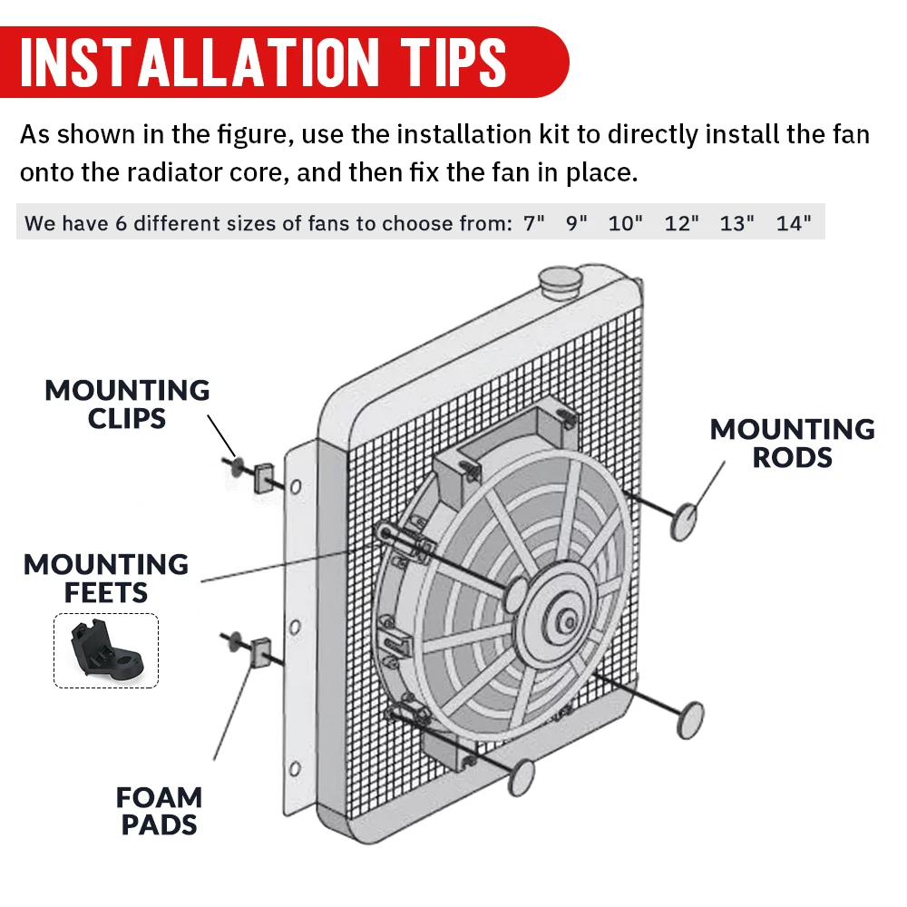 Free Shipping 7 9 10 12 13 14 Inch Universal 12V 80W Slim Reversible Black Blade Electric Cooling Radiator Auto Fan Mounting Kit