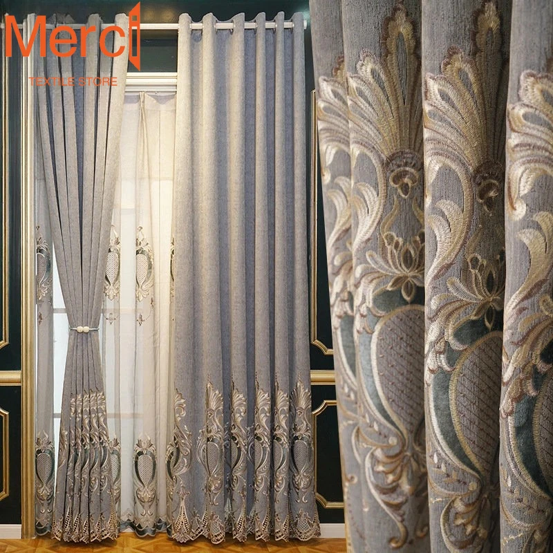 

European Style Luxury Chenille Curtains for Living Room Bedroom Dining High Blackout Hollow Embroidered Window Drape Custom Size