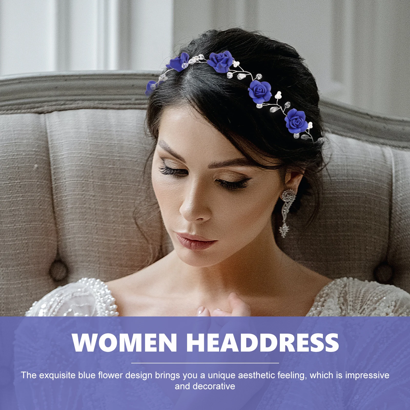 

Navy Blue Hairband Wedding Headpiece for Women Bridal Pearls Rhinestone Hair Accessories Banquet Party Decor