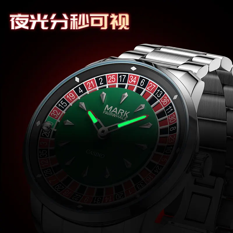 Mark Fairwhale 2025 นาฬิกาควอตซ์ผู้ชาย - ตัวเลขอาหรับหมุนหน้าปัดรูเล็ตออกแบบเพชรสําเนียงมือส่องสว่าง