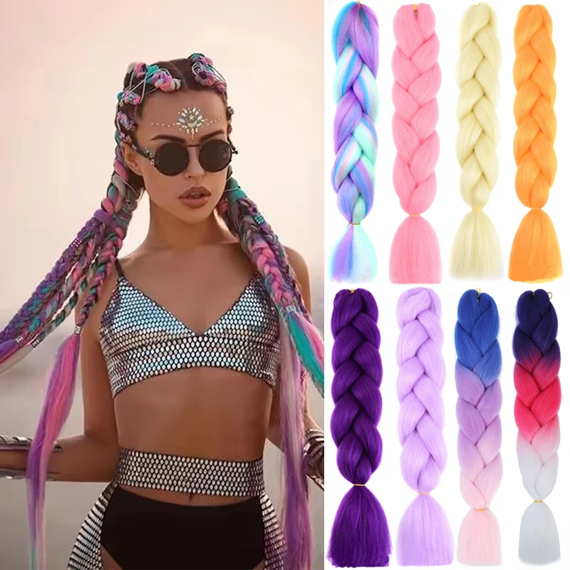 

24-дюймовые синтетические длинные волосы для плетения кос, омбре, радужные, для самостоятельного создания причесок, розовые, красные, синие, для женщин