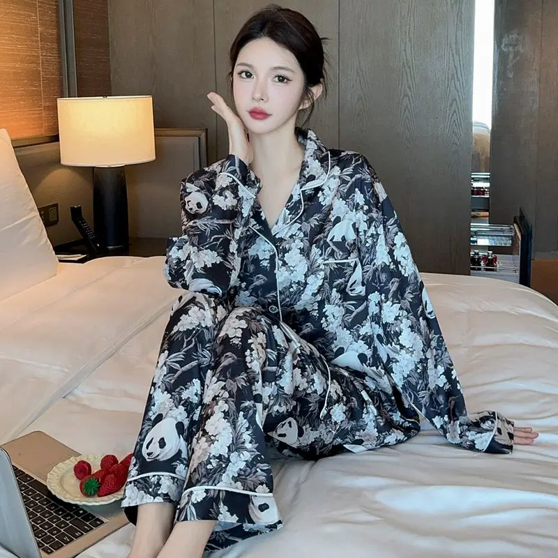 중국 스타일 레트로 블랙 팬더 프린트 여성 잠옷, 클래식 우아한 화이트 꽃 잠옷, 2025 가을 용수철 신상
