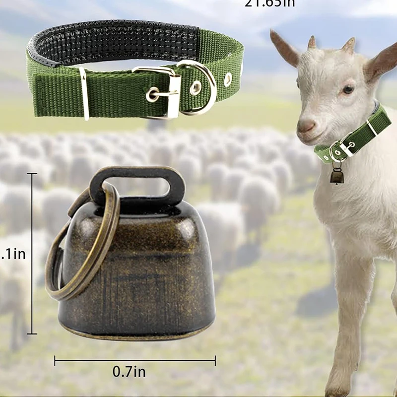 3 Pack Goat Collar with Bell Grazing Copper Bells and Adjustable Nylon Collar Set for Small Farm Animal Sheep Cow Pet Goat green