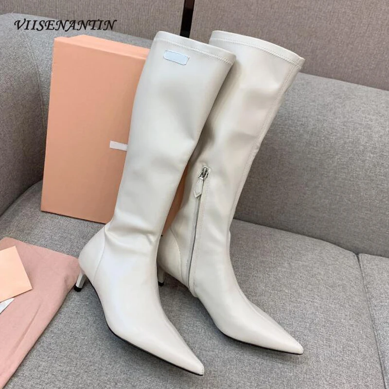 

Stretch Women Sock Boots Knee High Black White Leather Side Zip Pointed Toe Small Heel Elegant Bootie Lady Autumn Winter Shoe