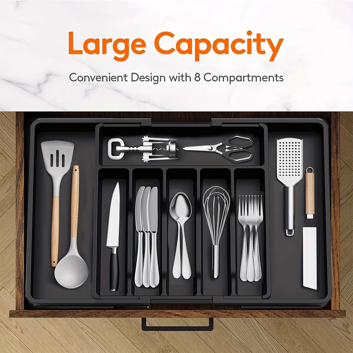 Flatware Organizer - Adjustable Drawer Divider for Utensils, Silverware & Cookware  - Black, 13