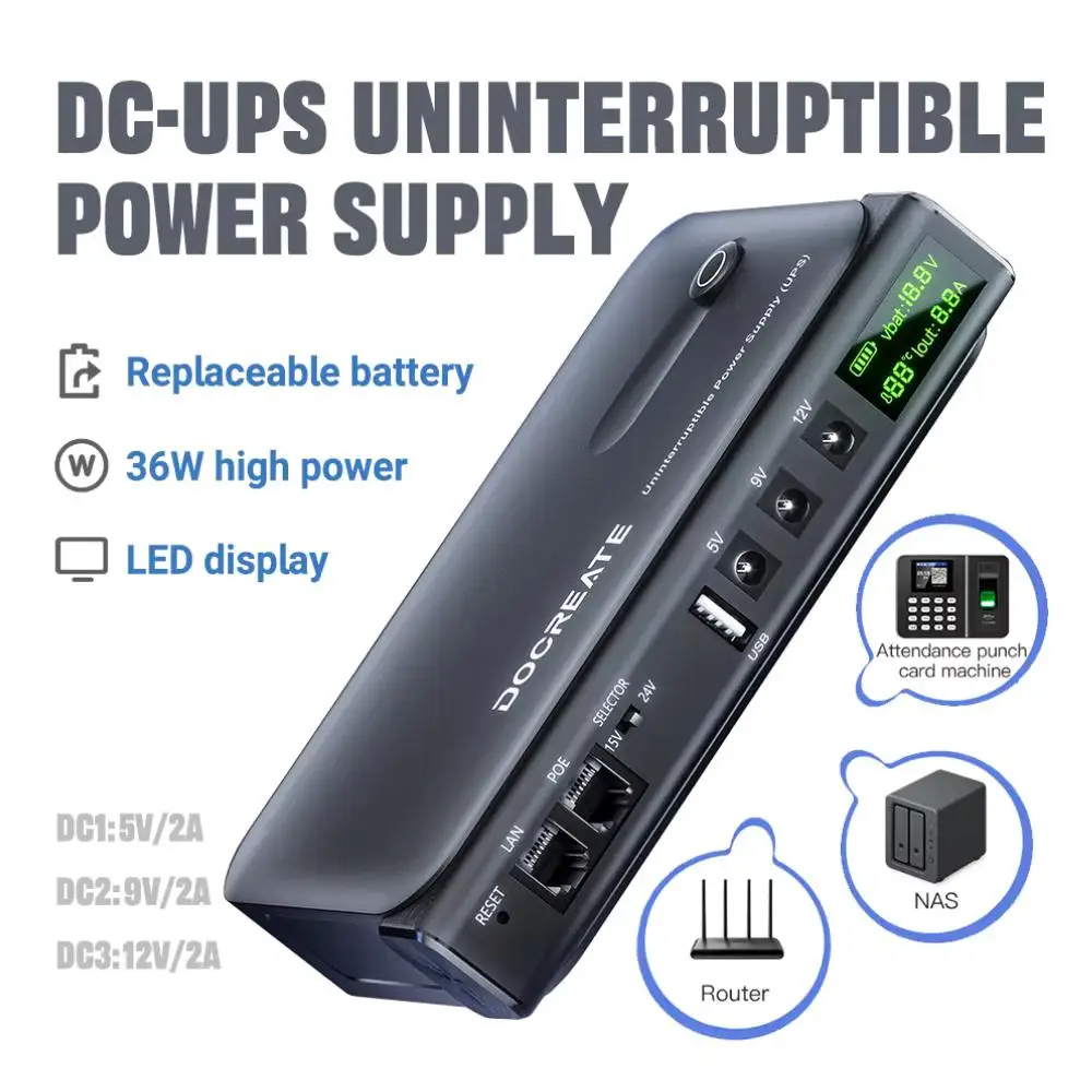 36 واط DC1036L UPS إمدادات الطاقة غير المنقطعة 5 فولت-24 فولت الناتج 18650 بطارية قابلة للاستبدال لجهاز التوجيه NAS مودم ومعدات الشبكة