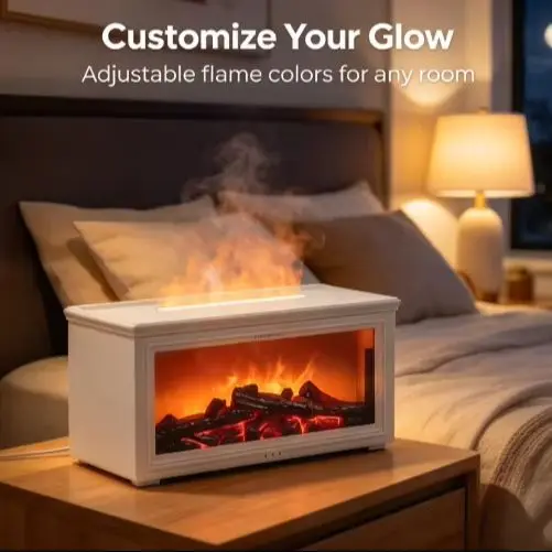 KINSCOTER Simulation Flame Fireplace Humidifier Aroma Diffuser ABS Tabletop Decor with Remote Control Ultrasonic Fragrance